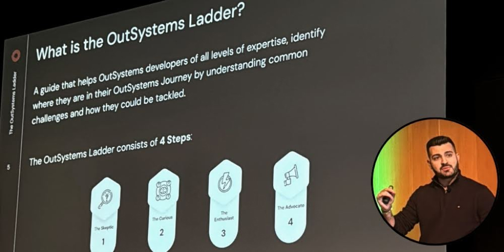 Senior Tech Lead & OutSystems MVP Ossama Ghanem stands in front of a screen showing the slide “Climbing the OutSystems Ladder: From Skeptic to MVP”