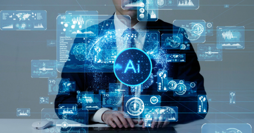 Software developer looking at a holographic interface with AI at the forefront.